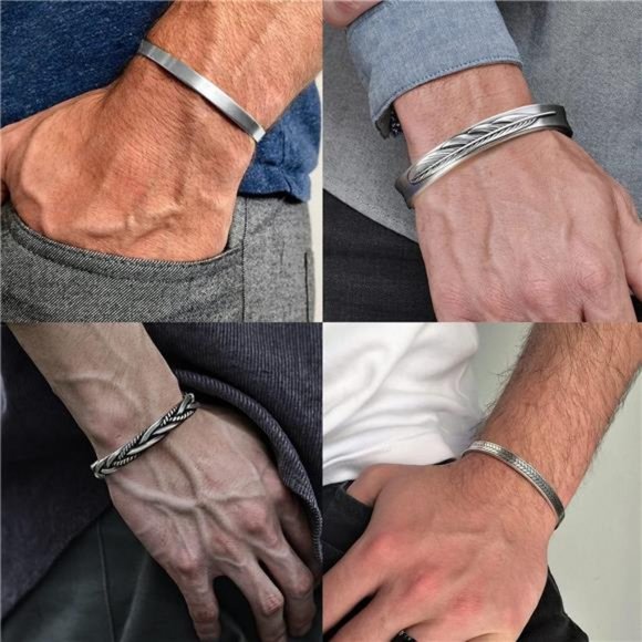 4Pcs Men's Cuff Bracelets Silver Cuff Bracelet Leaves Pattern Twisted Open Cuff - Picture 3 of 7